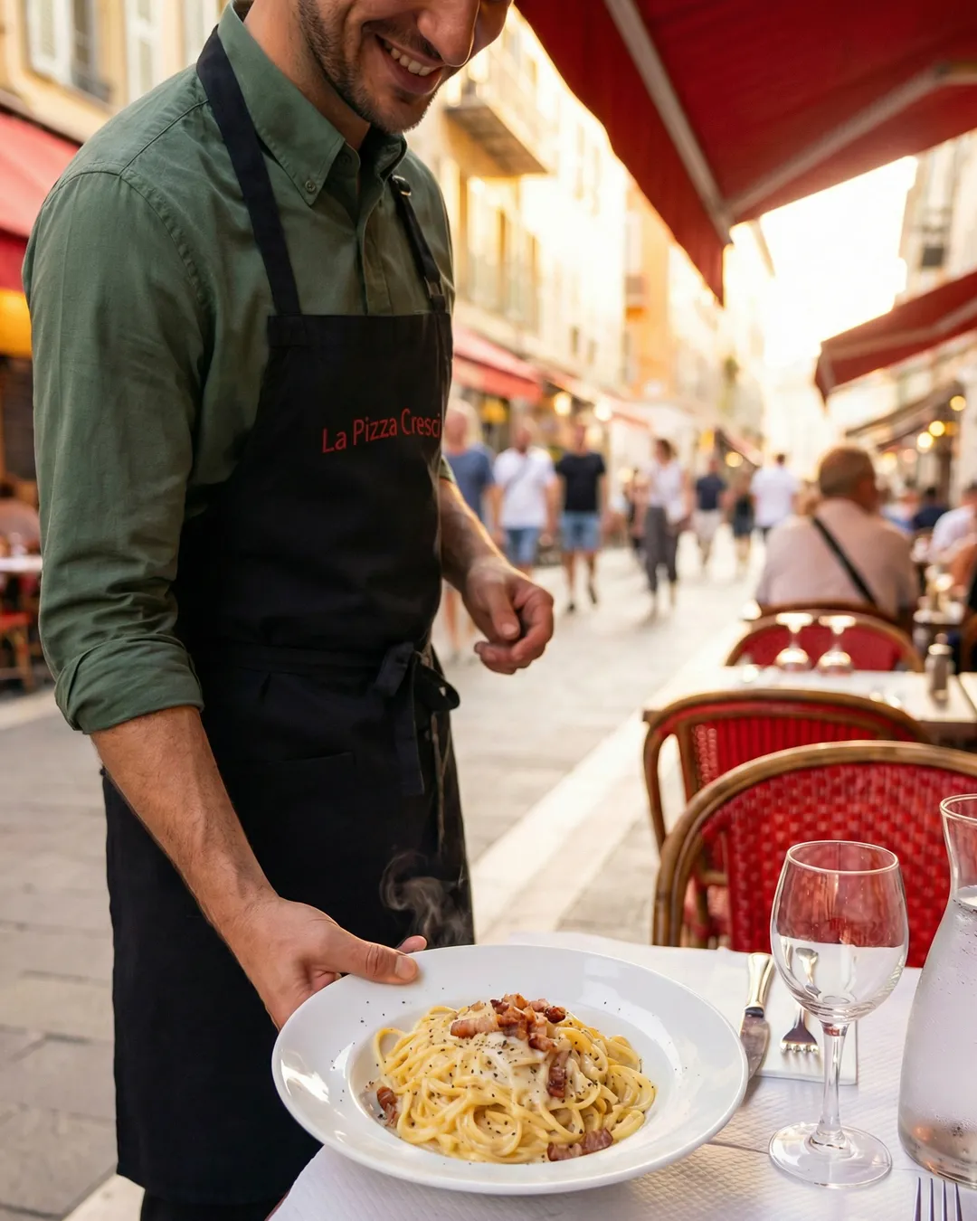 AI avatar: garçom sorrindo serve carbonara numa rua de Nice