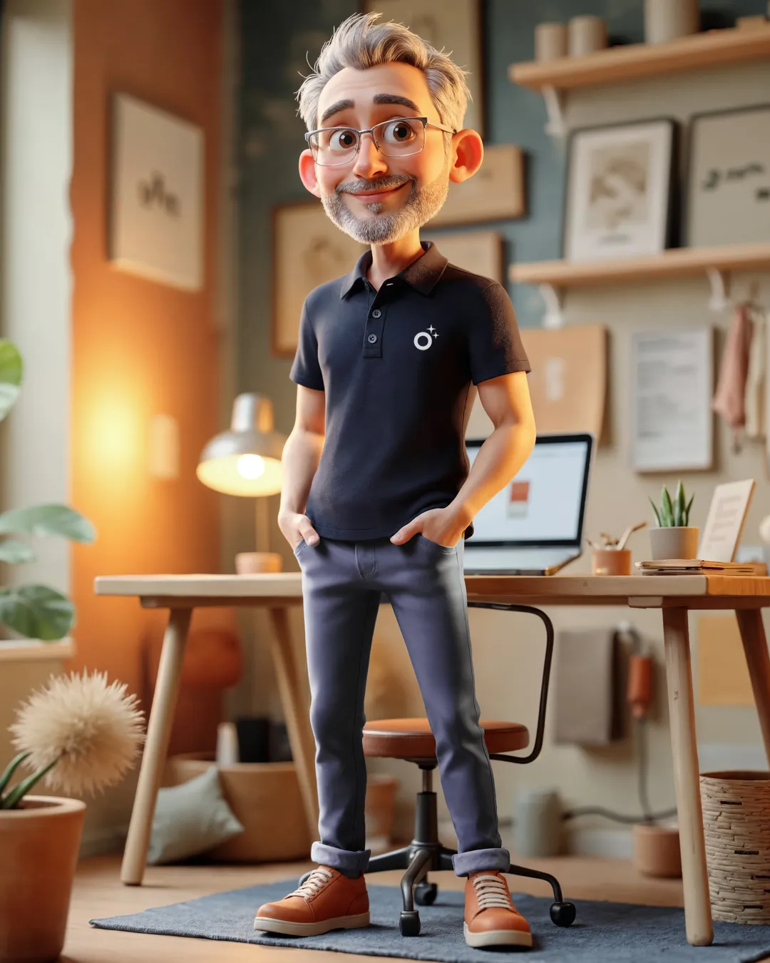 AI cartoon: personagem 3D de camisa polo no seu estúdio