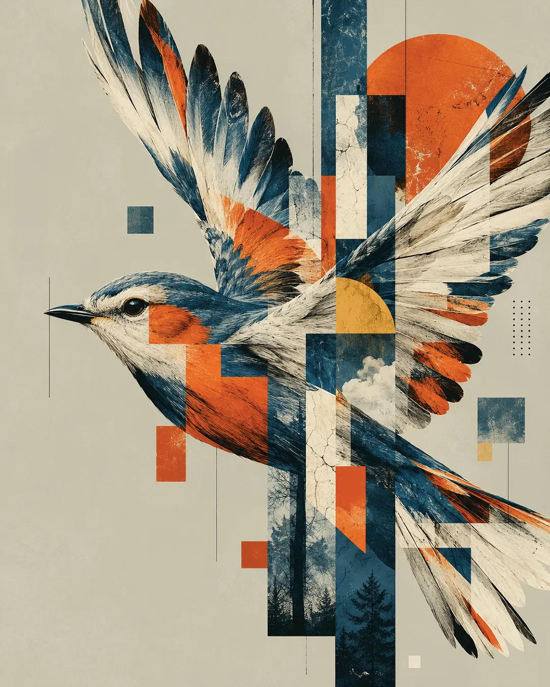 Graphic design: pássaro em colagem geométrica azul, laranja e creme