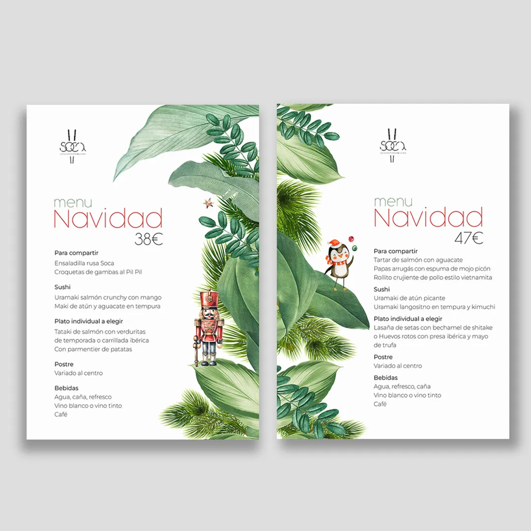 Soca restaurant, menu spreads