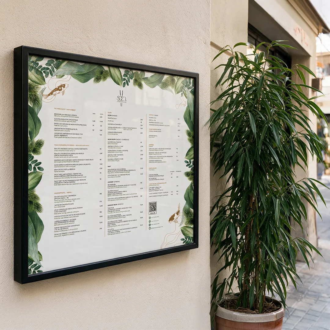 Soca restaurant, framed outdoor menu