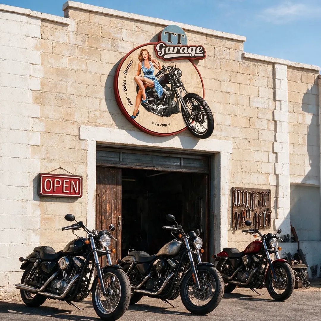 TT Garage, garage facade with sign