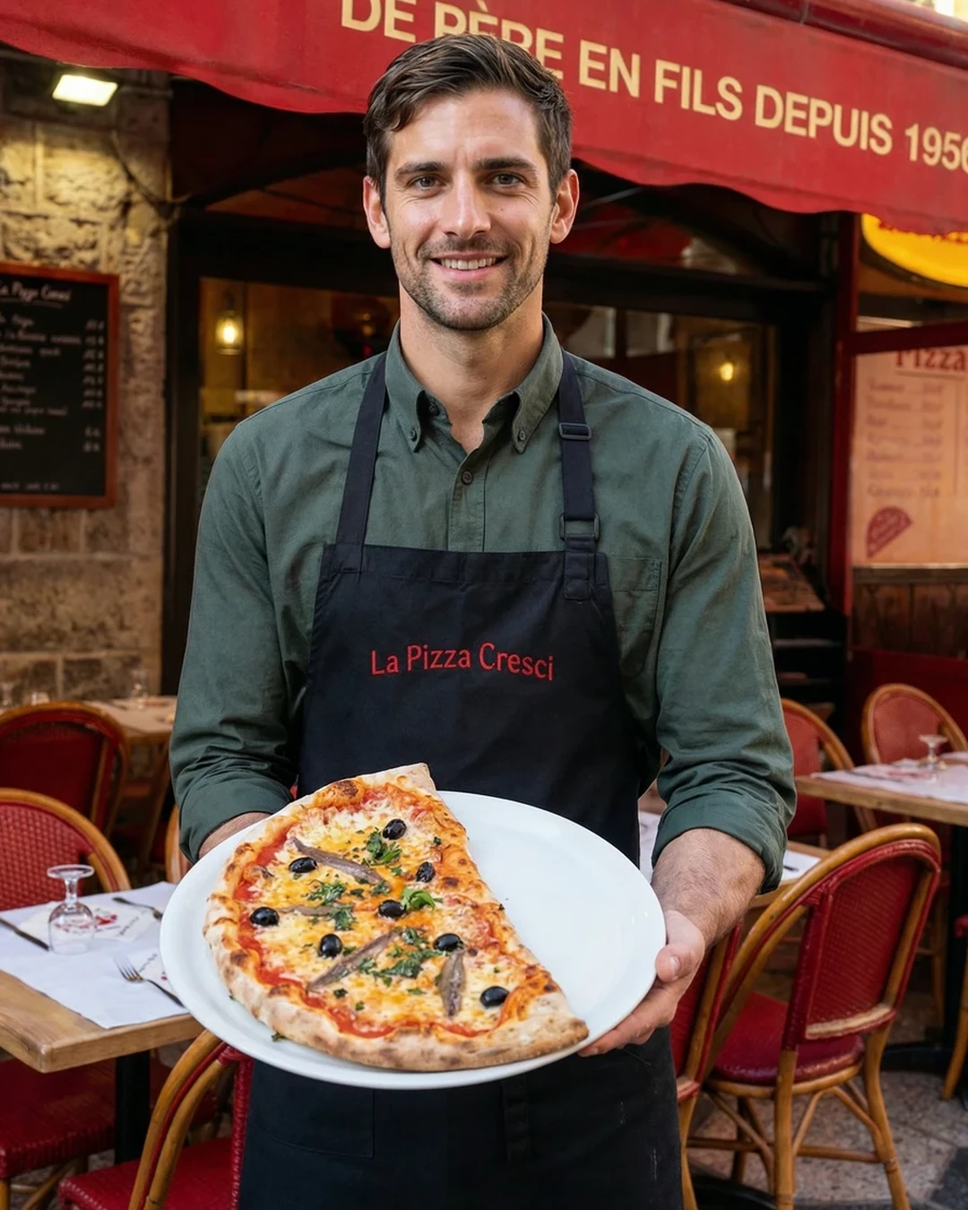 Waiter serving pizza on a terrace, image 1 of 3