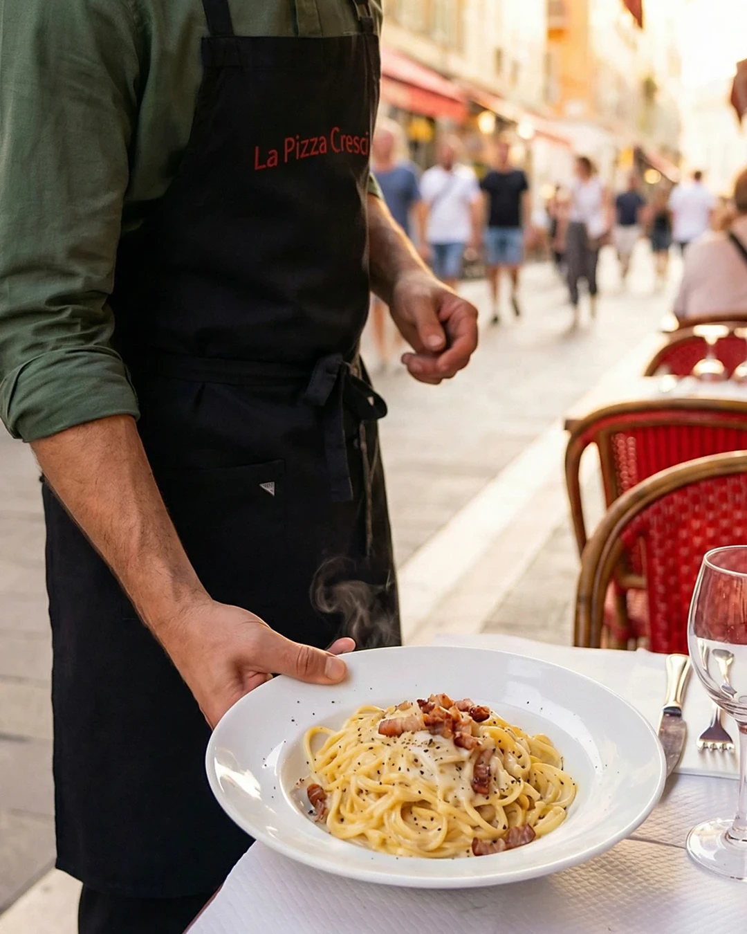 Waiter serving pasta on a terrace, image 3 of 3