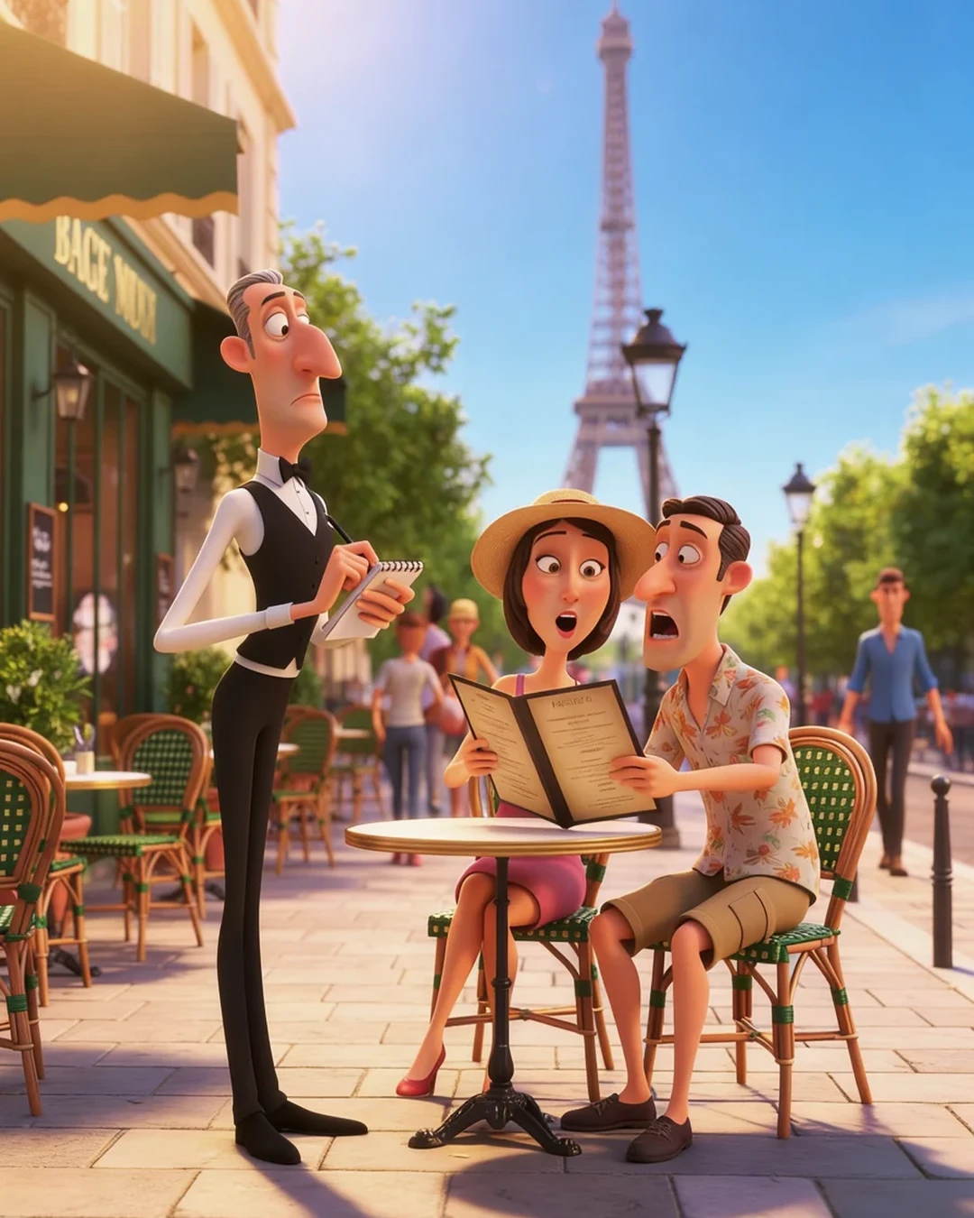 Couple and waiter on a Paris terrace