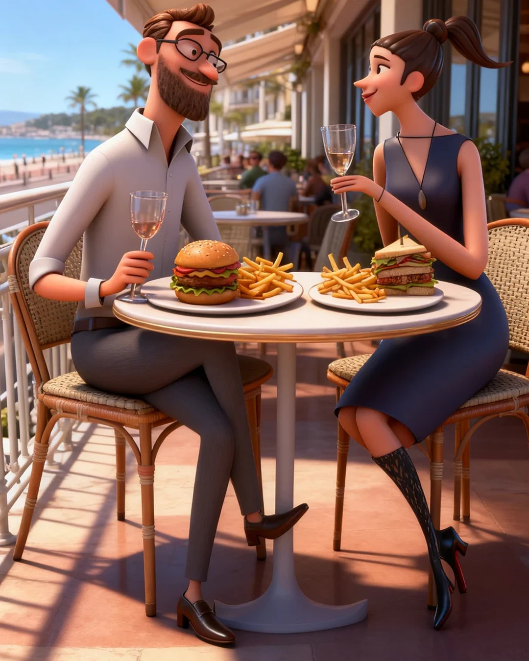 3D couple on a seaside terrace
