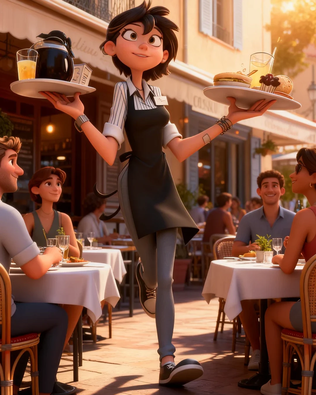 3D waitress on a sunny terrace