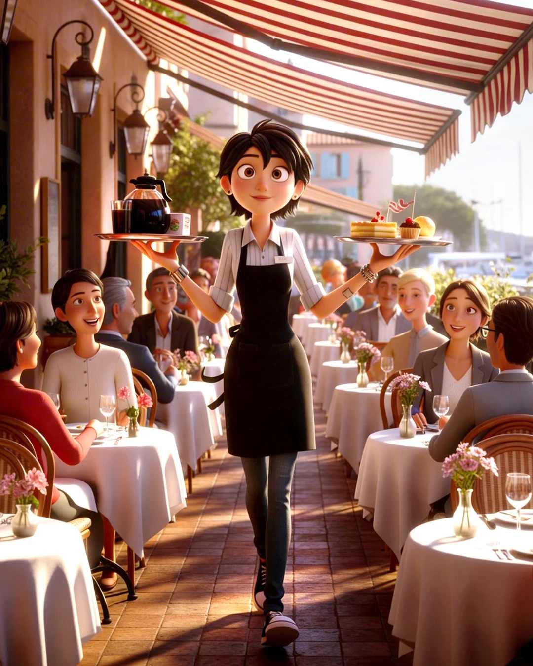 3D waitress in a lively restaurant
