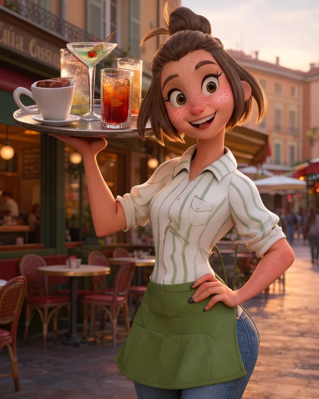 3D waitress serving drinks in a café