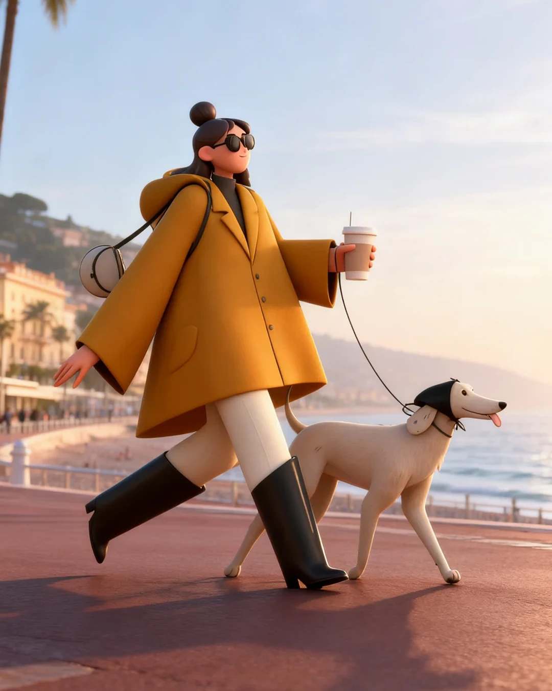 3D woman walking a dog by a café