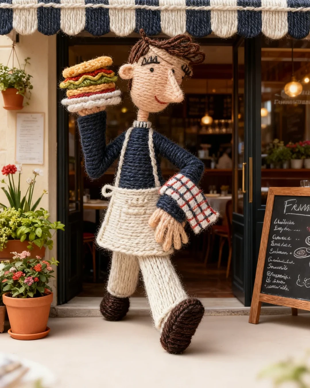 Wool waiter character in a bistro