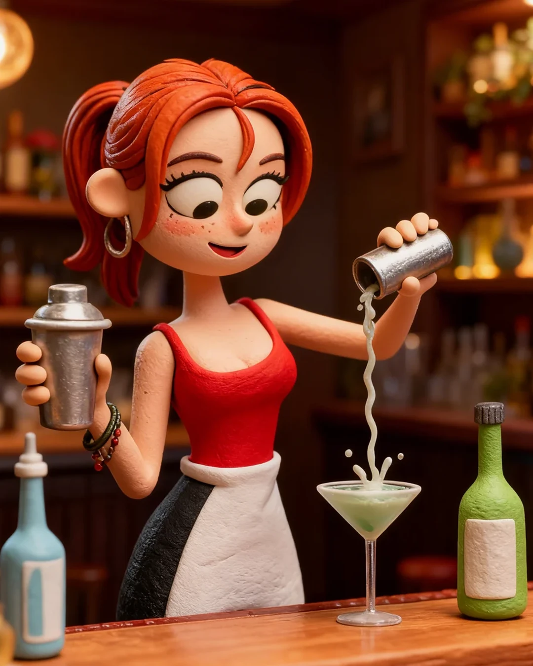Clay bartender and woman with a cocktail